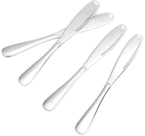 Gosknor Lot de 4 Couteaux à Beurre, Couteau à Tartiner Le Beurre avec Trous et Dentelures Couteau à Beurre 3 en 1 Couteau à Tartiner Le Beurre en Acier Inoxydable pour Fromage Beurre Confiture