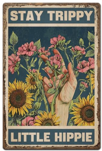 Hobbspring 1 Stück Vintage Metallblechschild 20x30cm Retro Sonnenblumen Schild Aus Eisen Rostiger Look Stay Trippy Little Hippie Poster Für Zuhause Wohnzimmer Landhaus Bauernhaus Garten Wanddekoration