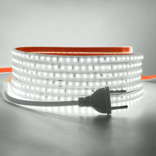 HEGEHE Conexión a AC220-240V Tira de LED,120LEDs/m SMD2835 Flexible Superbright Tira de luz LED cadena de luz de cuerda Autoadhesiva con enchufe para Navidad（2m, Blanco Frio）