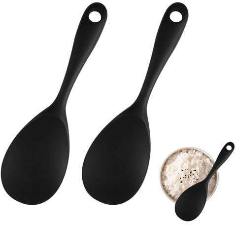 FerraDrend 2 Piezas Cuchara de Arroz, 22,5 x 7 cm, Cuchara Arrocera Antiadherente, Silicona, Negro