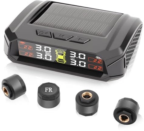 Avutrel TPMS Sistema Monitoreo Presión Neumáticos, Carga Solar/USB, Alertas Cabina/Temperatura, Compatible Autocaravana/Berlina/SUV/MPV/Remolque (4 Sensores, 72 PSI/5 Bar)