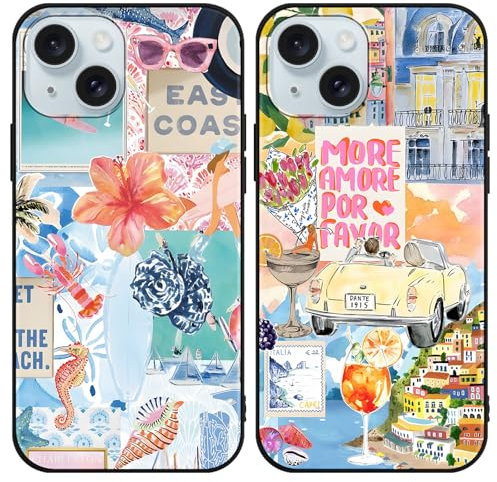 Phoona 2 Pack Cute Case for iPhone 15 6.1, European Collage Preppy Summer Girly Design Pattern for Girls Women, Slim Soft Silicone Shockproof Bumper Protector Cover, Blue 03