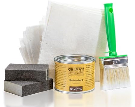 Kreidezeit Hartwachsöl Set 375 ml – Lösemittelfrei – Inkl. Pinsel, 5 Ölsaugtücher & 2 Schleifschwämme – Natürliches Holzöl für Möbel & Böden im Innenbereich
