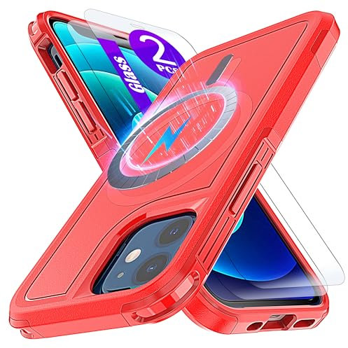 YmhxcY Magnetic for iPhone 12 Mini Case 5.4-Inch,Compatible with MagSafe,[2 Pack Tempered Glass Screen Protector] Shockproof Military-Grade Protection case-Red