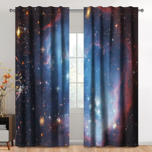 Kzzfqxb 117x138cm Vorhänge mit Stangentasche 2 Paneele, Riesiges Universum Blau Rot Galaxie Nebel Sternenhimmel Lichtfilterung Fenstervorhänge, Mystisch Ruhig Dekor für Schlafzimmer und Wohnzimmer