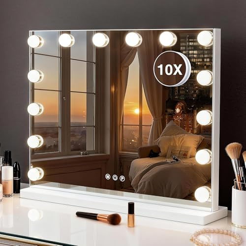 MEKKLEON Miroir cosmétique Hollywood avec 3 Modes de Couleur, Miroir cosmétique éclairé avec Lampes LED à intensité Variable et grossissement 10x pour Bureau (52 cm x 40 cm)