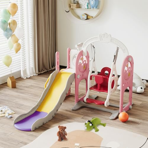 Scivolo per Bambini 4 in 1 con altalena e supporto per pallacanestro, scivolo esterno e interno,Set da arrampicata indipendente per tutti,adatto per giardino, casa (rosa)