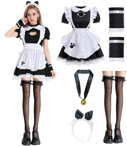 YushengTai Maid Outfit Schwarz-Weißes, Katze French Maid Dress, Süßes Katzenmädchenkleid, Maid Cosplay, Dienstmädchen Kostüm mit Stirnband, für Weihnachten, Halloween, Karneval
