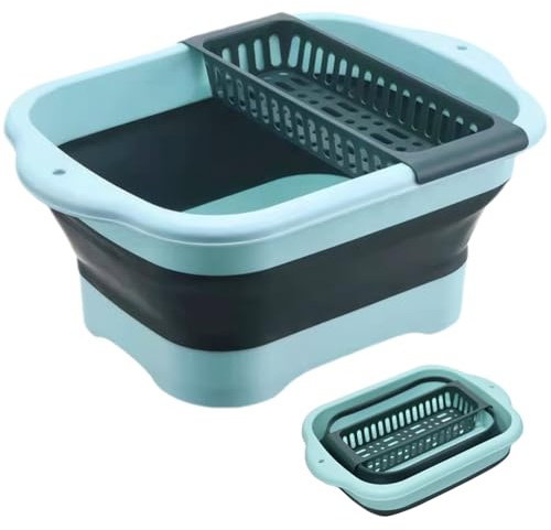 Jorzer Collapsible Wash Basin Folding16.5x11.8x7.1 In Large Dish Tub with Drain Tray & Plug Portable Wash Tub with Handle & Hanging Hole for Kitchen Green