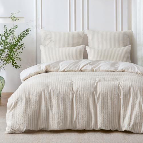 SOULFUL Bettwäsche 135x200 Baumwolle Gestreift Jacquard Oeko-TEX Beige | Gewaschene Baumwolle Boho Bettwäsche-Sets mit Reißverschluss Atmungsaktiv Enthält 1 Bettbezug 135x200 und 1 Kissenbezug 80x80