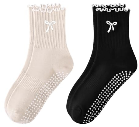 FIYIGO Pilates Yoga Socken für Damen, Socken mit Rüschen Schleifenmuster | Grippy, Rutschfest, Stickerei, Weiche Baumwolle, für Barre Training, Krankenhaus, Zuhause, Geschenke