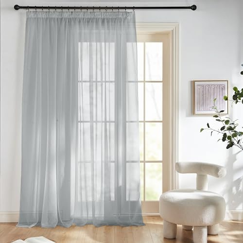 PONY DANCE Raumteiler Vorhang Transparent Gardinen mit Kräuselband | Grau,1er Set,H245 x B300 cm,Wohnzimmer Vorhang Durchsichtig,Extra breite Voile Gardinen für Schienensystem,Luftig