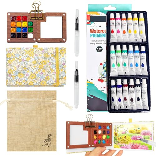 ChilArt mini aquarell travel set, Pocket Aquarell Set,Aquarell Reiseset mit Polyester mit Leinenoptik,18Farben Aquarellfarben,Mini Holz Malpalette,Skizzenbuch,2Wasserpinsel Stifte,Malset für Unterwegs