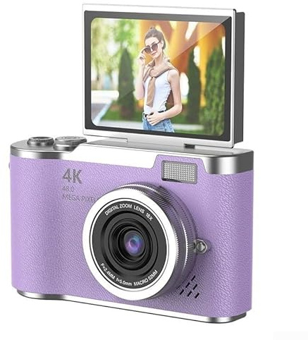 Fotocamera digitale 4K CCD 48 MP con zoom digitale 8X e schermo ribaltabile a 180° per studenti e principianti, fotocamera fotografica compatta e portatile in nero (viola 32G)