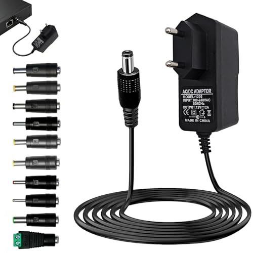 Adaptateur Secteur Universel 12V 2A 24W de 5,5 × 2,1 mm avec 10 Embouts DC | Transformateur AC DC, Alimentation Stabilisée 100-240V 50-60Hz pour Routeur Caméra Bande LED Écran LCD TV Box Console