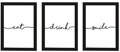 PICSonPAPER Poster 3er-Set eat, Drink, Smile, schwarz gerahmt DIN A4, Dekoration, Kunstdruck, Wandbild, Typographie, Geschenk (Schwarz gerahmt DIN A4)
