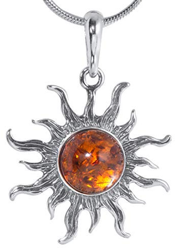 ANDANTE Premium Collection - Echter OSTSEE Bernstein Kettenanhänger in 925 Sterling Silber ** Sonne ** BEIDSEITIG ZWEI VERSCHIEDENE MOTIVE, 2 in 1, Zertifiziert - Gold des MEERES - Farbe COGNAC