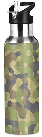 Bouteille d'eau en acier inoxydable avec paille en marbre blanc isotherme bouteille d'eau pour enfants adultes 600 ml, Camouflage 066, 600 ml