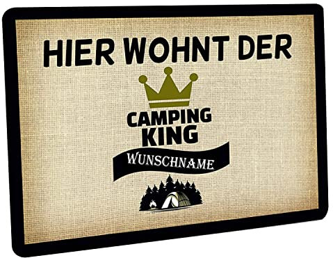 Crealuxe Fussmatte mit Wunschtext/Wunschname Hier wohnt der Camping King - 60x40 cm - Gummi Rückseite/rutschfest - Filzoberfläche - Bedruckte Türmatte - Innenmatte - Schmutzmatte