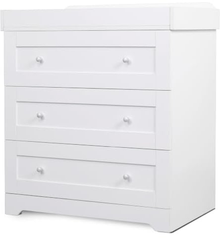 Tutti Bambini Rio Chest Changer, 3 Drawer Baby Dresser - White | Solid wood nursery changer with removable top and three drawers for organised baby storage.