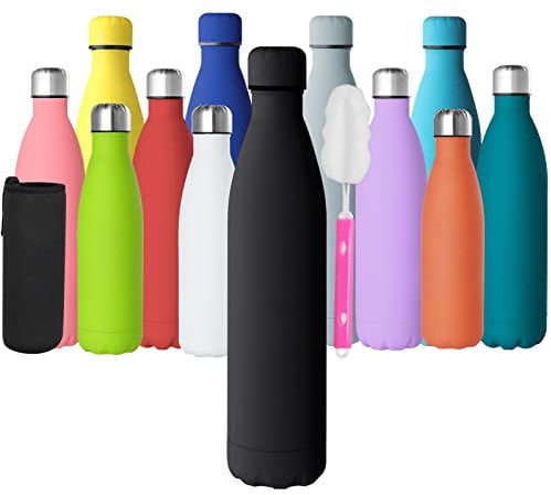 GeeRic Botella Termica 1 Litro,Botella Agua Acero Inoxidable Mantener 12H Caliente/24 Frío,Botella de Agua+Cepillo+Bolsa portátil para Taza Termo para Acampar,Escuela,Deportes,Negro
