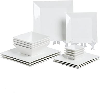 Porlien Juego de vajilla cuadrada clásica de 16 piezas para 4 platos cuadrados, platos de postre, cuencos y platillos de inmersión, color blanco roto