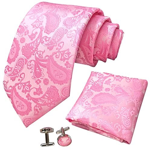 CANGRON Herren Krawatte Rosa Paisley Krawatte Einstecktuch Manschettenknöpfe Krawatten Set DLSPXFS