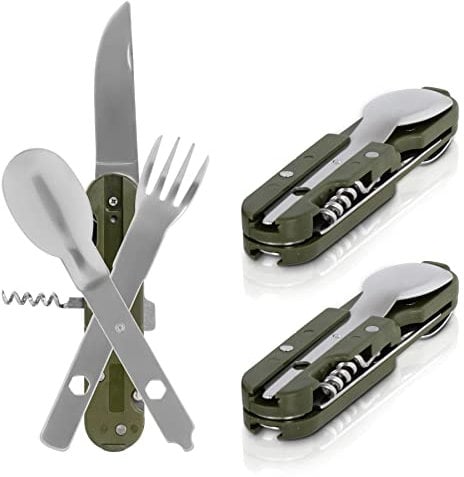 KOSxBO 2 x Outdoor Bundeswehr Besteck Edelstahl Campingbesteck Essbesteck Set 6 teilig Camping Besteckset, Silber grün