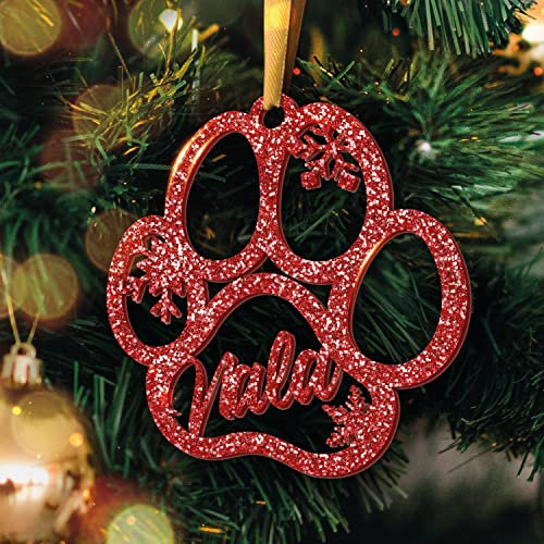 Weihnachtskugel, personalisierbar, Weihnachtsdeko mit Vornamen – 16 Farben erhältlich – (Modell Hundepfoten, Glitter, Weinrot)