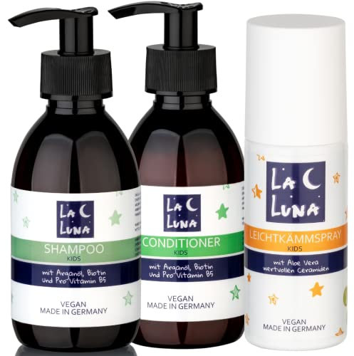 Kinder Haar Shampoo + Conditioner + Leichtkämmspray,Intensive Haarstyling|kein Haar Ziepen|vegan|Kinder Haarpflege|Haarkur|Jungen Mädchen|für jeden Haartyp|Hair Pflege LA LUNA® - 550ml