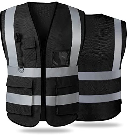 Warnwesten für Damen und Herren, hohe Sichtbarkeit, reflektierend, Sicherheitsweste mit Taschen, Reißverschluss vorne, entspricht ANSI/ISEA-Standards (groß, Schwarz (Mesh))