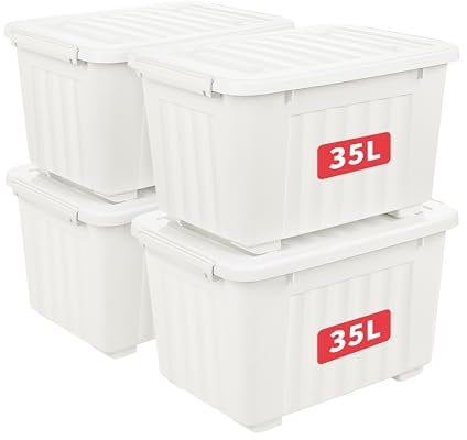 Cetomo 35L*4 Plastic Storage Box,White, Tote box,Organizing Container with Durable Lid and Secure Latching Buckles, Stackable and Nestable, 4Pack, with Buckle