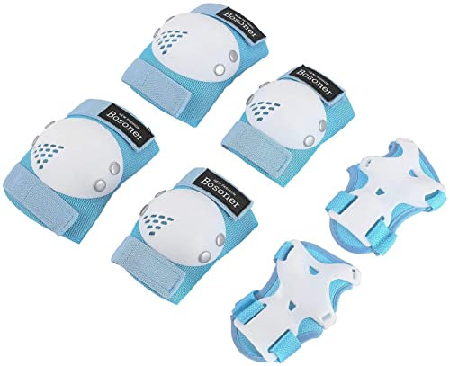 BOSONER Knieschoner Kinder Schoner Inliner Protektoren 6er Set Schützer Inliner Inline Skates Knie Und Ellenbogenschützer Schutzausrüstung Knieschützer Skateboard (8# Blau/Weiß, S (3-7 Jahre))