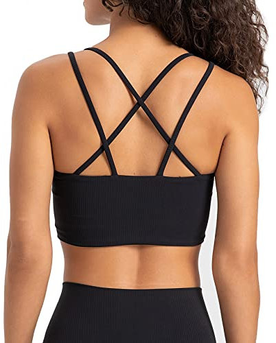 Lemedy Damen Gerippte Träger, Yoga-Top, geformte Cups, Sport-BH, Criss Cross, Workout, bauchfreies Tanktop, Schwarz, Klein