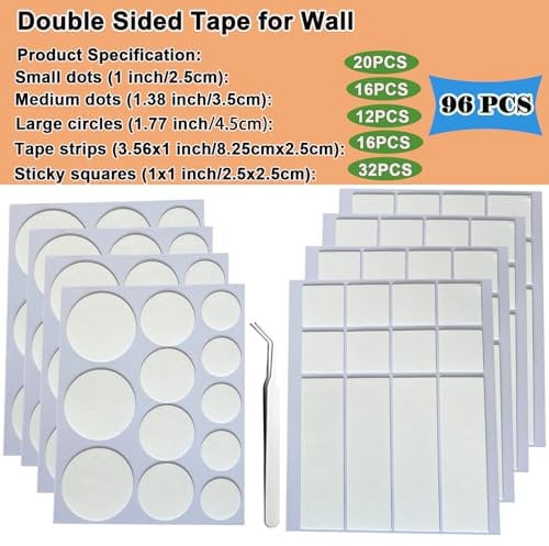 KAIHENG 96 cintas de montaje, cinta de doble cara para pared, tiras para colgar cuadros, cuadrados de montaje extraíbles resistentes, masilla adhesiva transparente multiusos para escritorio,