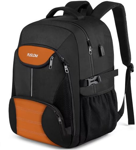PUSLOM Large Backpack for Men, 17.3Inch Travel Laptop Rucksack with USB Charging Port Business Flight Approved Carry On Backpack, Big Capacity Heavy Duty Computer Bag College School Bookbag, Black
