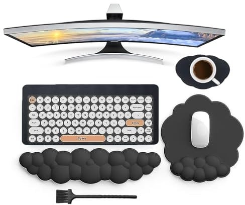 HTT GLOBAL Cloud Wrist Rest Set with Mouse Mat, Keyboard Mat, Brush & Cup Coaster, Keyboard Wrist Rest Palm Rest for Pain Relief, Non-Slip Arm Rest for Desk, Desk Wrist Support for Typing (5Pcs)