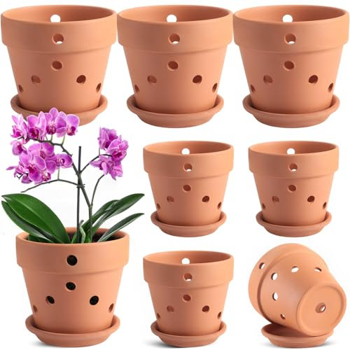 Layhit 8 vasi in terracotta per orchidee con fori e piattini, 10 cm, 15 cm, set di vasi per orchidee per rinvasare orchidee vasi da giardino per interni ed esterni (stile moderno)