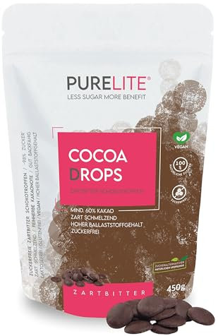 PURELITE Cocoa Drops cioccolato fondente vegan 450g, gocce grandi di cioccolato senza zuccheri aggiunti con eritritolo e stevia, senza retrogusto, attente alle calorie, min. 60% cacao