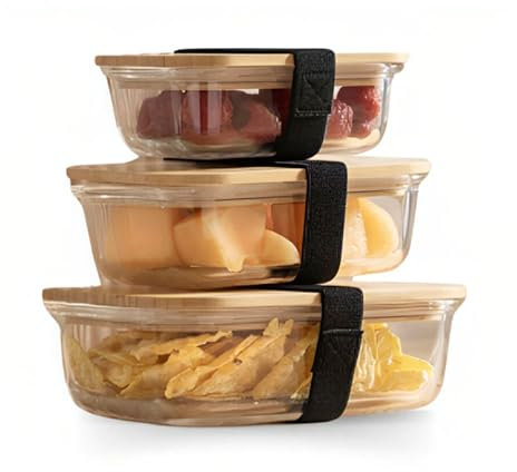 HOUSZY Glass Food Storage Containers with Bamboo Lids-3 Pack, Eco-Friendly Glass Meal Prep Lunch Box with 3 Stretchable Bands for Leakproof, oven, freezer & Dishwasher safe