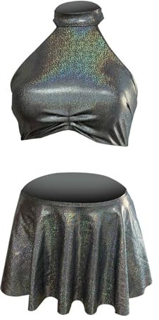 Minirock, sexy, für Damen, kurzes Oberteil mit Neckholder, Damen, Ball, Party, Abend, Röcke, Rüschen, Plissee, schick, Tanz, für Kostüm, Karneval, Mode, bunt, glänzend, Disco, Slim Fit, dunkelgrau, L