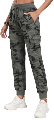 JINSHI Pantalon de Randonnée Femme Cargo Jogging Pantalon Léger Séchage Rapide Pantalon Sport Extérieur Trekking Multi-Poches Camo Vert Taille L