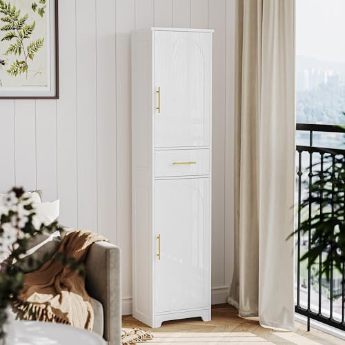 Hzuaneri Badezimmerschrank, Aufbewahrungsschrank mit 1 Schubladen & 2 Türen, Verstellbare Ablage, Hoher Schmaler Schrank, für Wohnzimmer, Schlafzimmer, Küche, Flur, Weiß