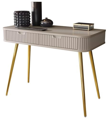 BETTSO - Konsolentisch mit Schubladen - Schminktisch mit Metallbeinen und dekorativen Rillen - 103cm breit, 49cm tief - für Schlafzimmer, Jugendzimmer - Schminktisch Kaschmir + Gold