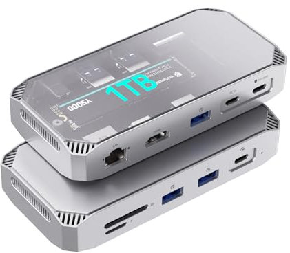 Yottamaster 1TB SSD Externo con 10 Puertos, USB C Hub con 1TB M.2 NVMe SSD, hasta 1000 MB/s, Adaptador USB C HUB 10Gbps soporta 4K@60Hz HDMI, 100W PD, Lector de Tarjetas SD/TF, Ethernet