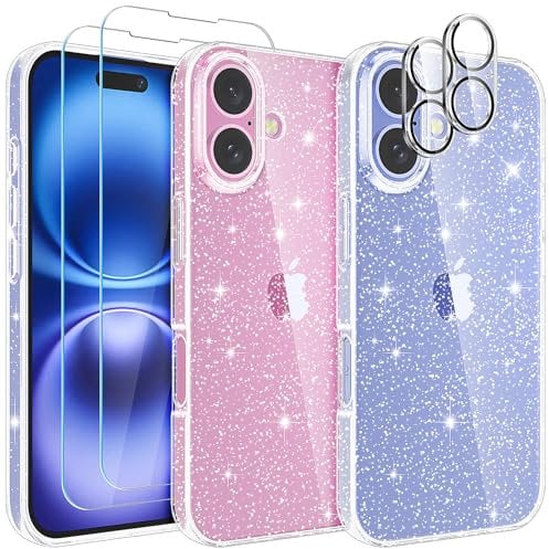 YIRSUR Compatible with iPhone 16 Glitter Clear Case with 2X Screen Protector with 2X Camera Lens Protector, Slim Soft TPU Bumper Anti-Scratch Clear Shockproof Case Women Girls for iPhone 16