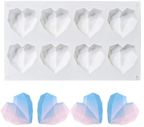 WeddHuis Herzform Backform, 3D Diamant Herz Silikonform 8-Kavität Silikon Herzform Schokoladenformen, Herzform Kuchenform Zum Backen Käsekuchen,Mousse,Schokolade,Eiswürfel(Weiß)