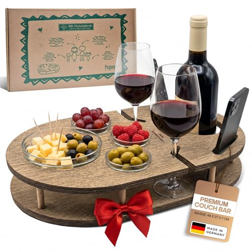Couchbar Weinbar in grau mit 4 Glasschalen | Couch Tablett für Wein mit Getränkehalterung für Weingläser und Weinflasche | Sofabar für Snacks | Couchbar Snackbox Wein
