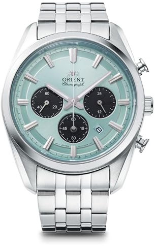 Orient Stretto Solar-Chronograph, 40 mm, himmelblaues Zifferblatt, Stahlband, Herren-Armbanduhr RA-TX0304L10B, Blue