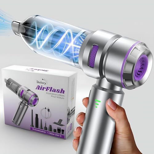 Stelary Aspirateur à Main, Aspirateur Voiture Puissant sans Fil, Mini Aspirateur Maison et de Table, Souffleur à Moteur Puissant & Silencieux 110W, Aspiration Poils d'animaux & Batterie Rechargeable